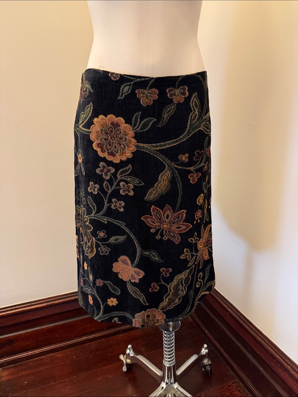CAbi Black Floral Embroidered Pencil Skirt with Rust and Olive Accents